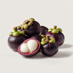 AI-generated image -  Fresh whole and halved mangosteens isolated on a white background.