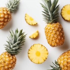 AI-generated image - Top view of fresh whole and sliced pineapples on a white background. 