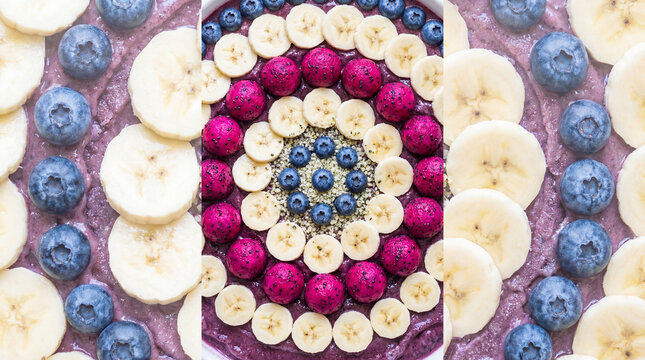 Acai Smoothie Bowl with Mandala Pattern of Banana and Dragon Fruit