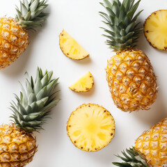 AI-generated image - Top view of fresh whole and sliced pineapples on a white background. 