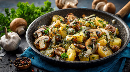 Fried potatoes with mushrooms, onions, and fresh parsley served in a frying pan. The scene evokes home-cooked meals, rustic cooking, comfort food, hearty dishes, and appetizing culinary presentation.