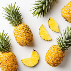 AI-generated image - Top view of fresh whole and sliced pineapples on a white background. 