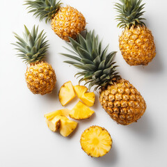 AI-generated image - Top view of fresh whole and sliced pineapples on a white background. 