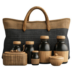 Elegant Home Decor with Woven Bag and Black Bottles Aesthetic Indoor Living Display Minimalist Style