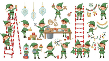Festive Christmas elves joyfully preparing toys and decorations for the holiday season, spreading cheer and anticipation for a magical celebration