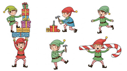 Festive holiday joy with playful Christmas elves building toys and carrying gifts, perfect for holiday season marketing, originally a scalable vector graphic