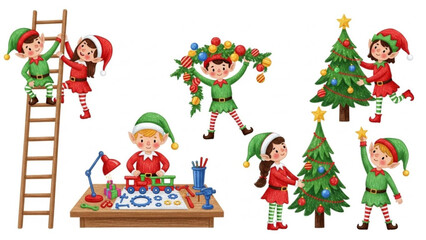 Charming Christmas Elves Preparing Holiday Decorations and Toys, Spreading Festive Cheer and Joyful Holiday Spirit, Perfect for Seasonal Projects