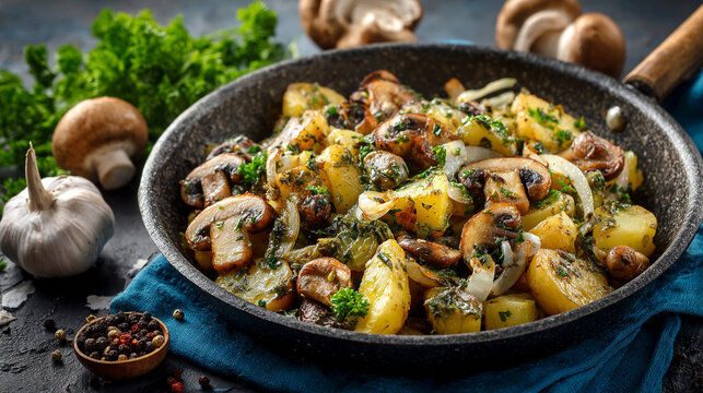 Fried potatoes with mushrooms, onions, and fresh parsley served in a frying pan. The scene evokes home-cooked meals, rustic cooking, comfort food, hearty dishes, and appetizing culinary presentation.