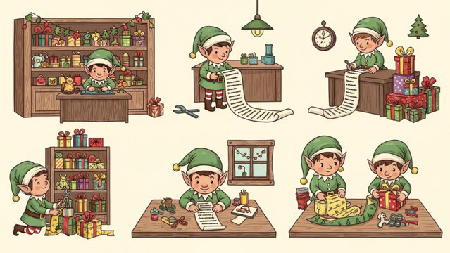 Delightful Christmas elves busily preparing gifts, checking lists, and wrapping presents for a joyful holiday season in Santa's workshop, originally vector graphics