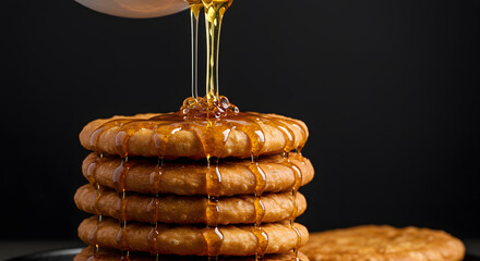 Sweet honey stream drizzling onto a stack of round golden cookies. Delicious dessert against a dark background.