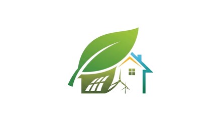 Obraz premium Eco-friendly house illustration with leaf, solar panels, and wind turbine