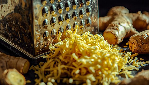 Close-up of a grater and fibrous ginger root, freshly grated pulp collecting below, lighting emphasizing texture.