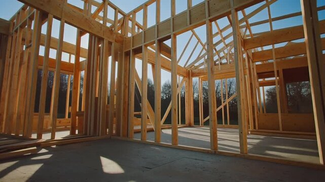 Sunny Interior View of a Newly Framed Residential Wood House Structure
