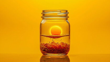 A transparent jar holding a tiny surreal world: cracked egg yolk forming a glowing sun over a liquid golden landscape.