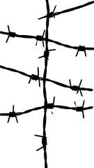 Monochrome barbed wire fence against a stark white background.