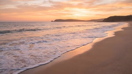 Soft waves at golden hour, calm peaceful mood, empty beach.