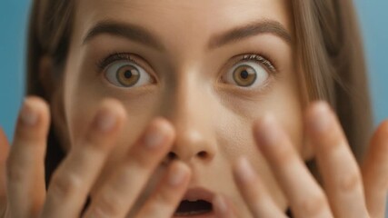 Close up of a surprised young woman with wide eyes and open mouth expressing shock and disbelief, perfect for conveying astonishment and sudden realization in media projects.