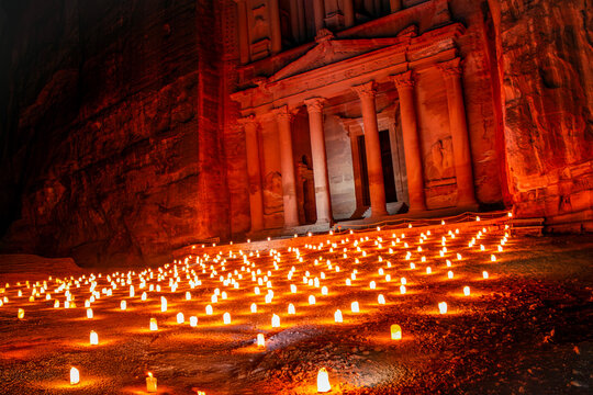 Petra By Night - Hundreds of Candles Illuminating the Ancient Nabatean Treasury of Jordan&rsquo;s Historical Desert Kingdom