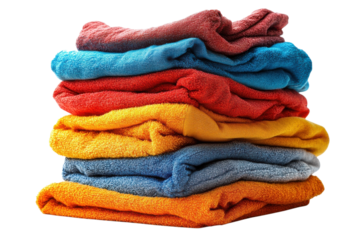 Stacked colorful towels laundry day home spa fresh washcloths bright hues textile soft cotton bath