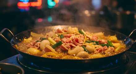 Delicious Steaming Hotpot with Sliced Meat and Fresh Vegetables on a Stove, Traditional Asian Cuisine