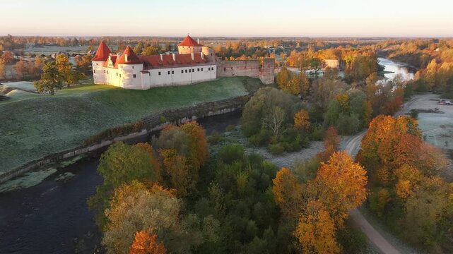 Bauska Castle in Latvia on a frosty autumn morning