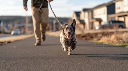 Dog joyfully running on a sidewalk while being walked by its owner in a residential area