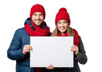 Happy young caucasian couple in winter coats and red hats holding a blank sign in a studio with falling snowflakes for a holiday advertising campaign concept