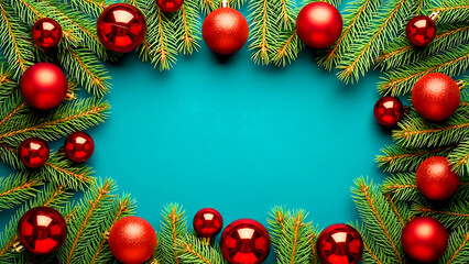Festive Christmas background featuring a vibrant blue center surrounded by pine branches and red ornaments. Ideal for seasonal designs, greeting cards, and holiday promotions.