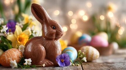 Close up of a chocolate bunny for Easter surrounded by colorful eggs and spring flowers set on a rustic table with a blurred light background creating a festive atmosphere. High quality