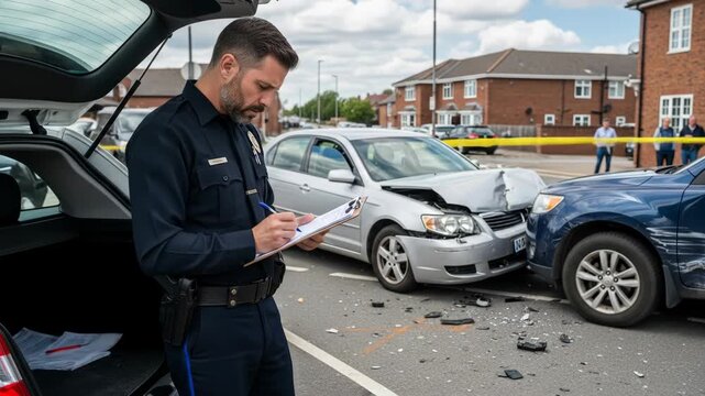 Male police officer in uniform investigates and records details of a multi-car accident on an urban street, documentation footage.
