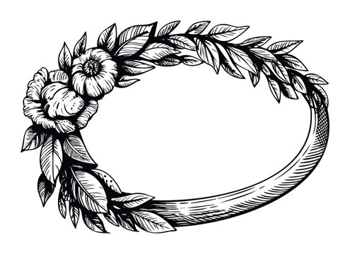 Black and white floral oval border with roses and leaves for elegant invitations, frames, and vintage celebrations, conveying natural beauty and ornamental sophistication.