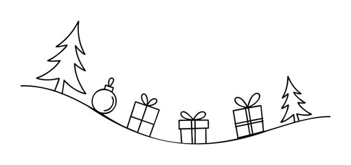 Festive winter scene with Christmas trees and gift boxes on snowy hills, perfect for holiday greetings and seasonal promotions.