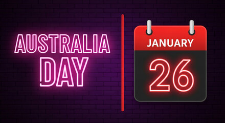 Obraz premium Happy Australia day of Australia, 26 January . World National Days Neon Text Effect on bricks