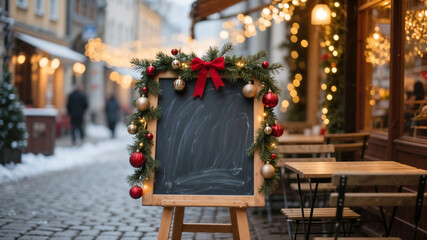 Christmas chalkboard blank sign with festive decorations in front of cafe