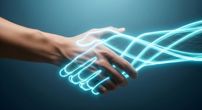 Futuristic digital handshake illuminated by glowing blue data lines representing technology, partnership, and agreement.