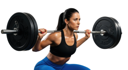Woman performing a barbell squat transparent background cutout png