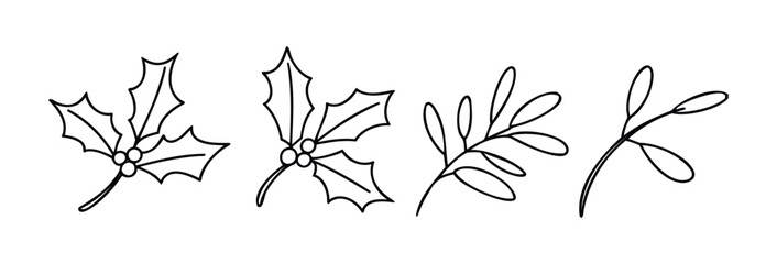 Obraz premium Decorative hand drawn outline holly leaves with berries and simple branch sprigs for festive holiday embellishment and seasonal greeting projects