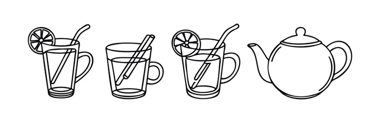 Line art representations of refreshing drinks and a teapot provide versatile visuals for beveragerelated promotions and concepts