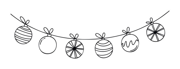 Delightful festive garland featuring assorted hand drawn Christmas ornaments strung on a line for holiday decoration and celebration applications.
