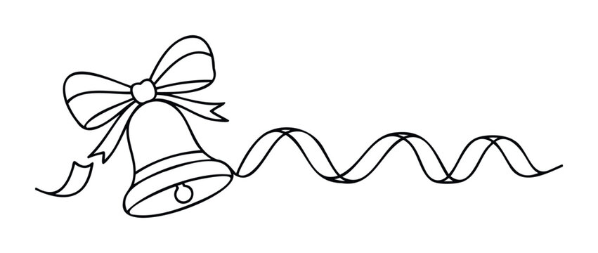 Festive single bell with ribbon and wavy ribbon element for holiday celebration or greeting purposes offering a joyful seasonal message