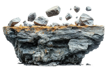 Floating Rock Island Plateau with Falling Stones Abstract Nature Concept Art Black Backdrop Geologic