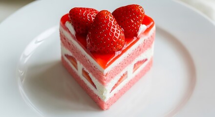 A delightful heart shaped strawberry cake slice adorned with fresh berries and glaze on a white plate