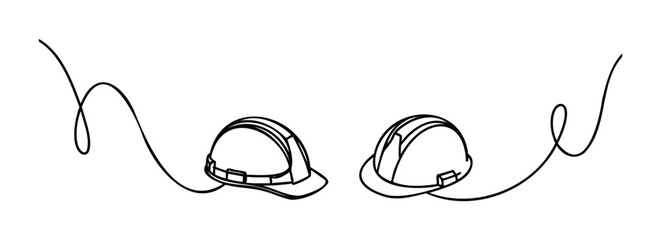 Minimalist black and white line art of two hard hats connected by a flowing single line, perfect for construction, safety, or labor themes in graphic projects.