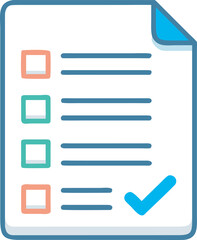 Flat Style Document Icon with Multi-Colored Checkboxes and Big Blue Check Mark, Vector Illustration for Survey or Exam Result