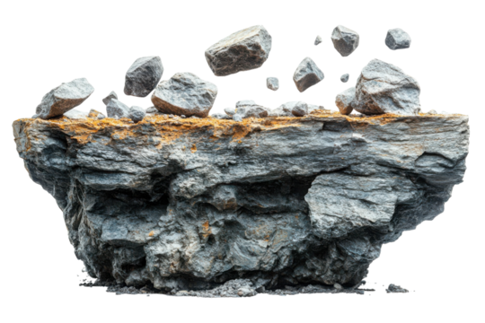 Floating Rock Island Plateau with Falling Stones Abstract Nature Concept Art Black Backdrop Geologic