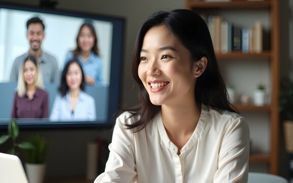 Young Asian businesswoman work at home and virtual video conference meeting with colleagues business people, online working, video call due to social distancing at home office. High quality - Powered by Adobe