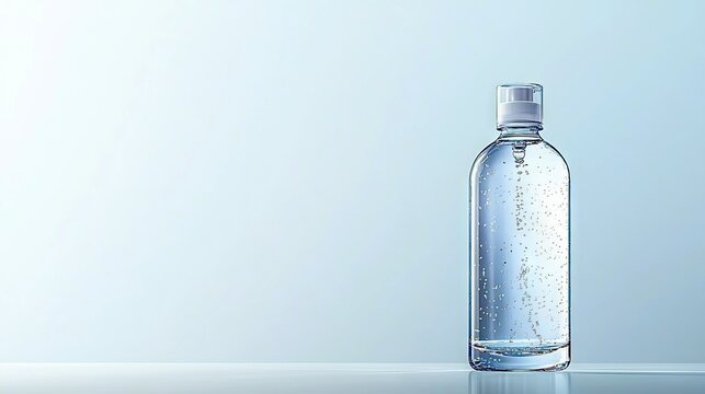 A transparent hand sanitizer bottle with a white cap is on a reflective surface against a gradient blue background.