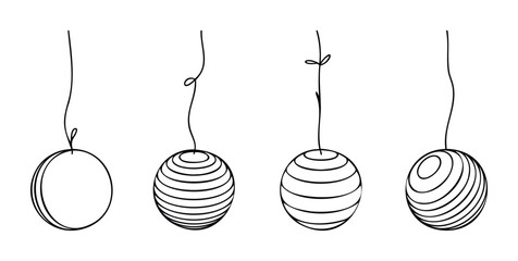 Four suspended orbs with varied line textures and string attachments, perfect for decoration or abstract concepts in graphic projects.