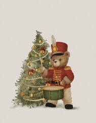 Vintage style watercolor Christmas card with nutcracker teddy bear