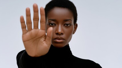 In a striking pose, an African American woman raises her hand as if to signal a stop. Her expression conveys strength and determination, embodying the message of asserting boundaries